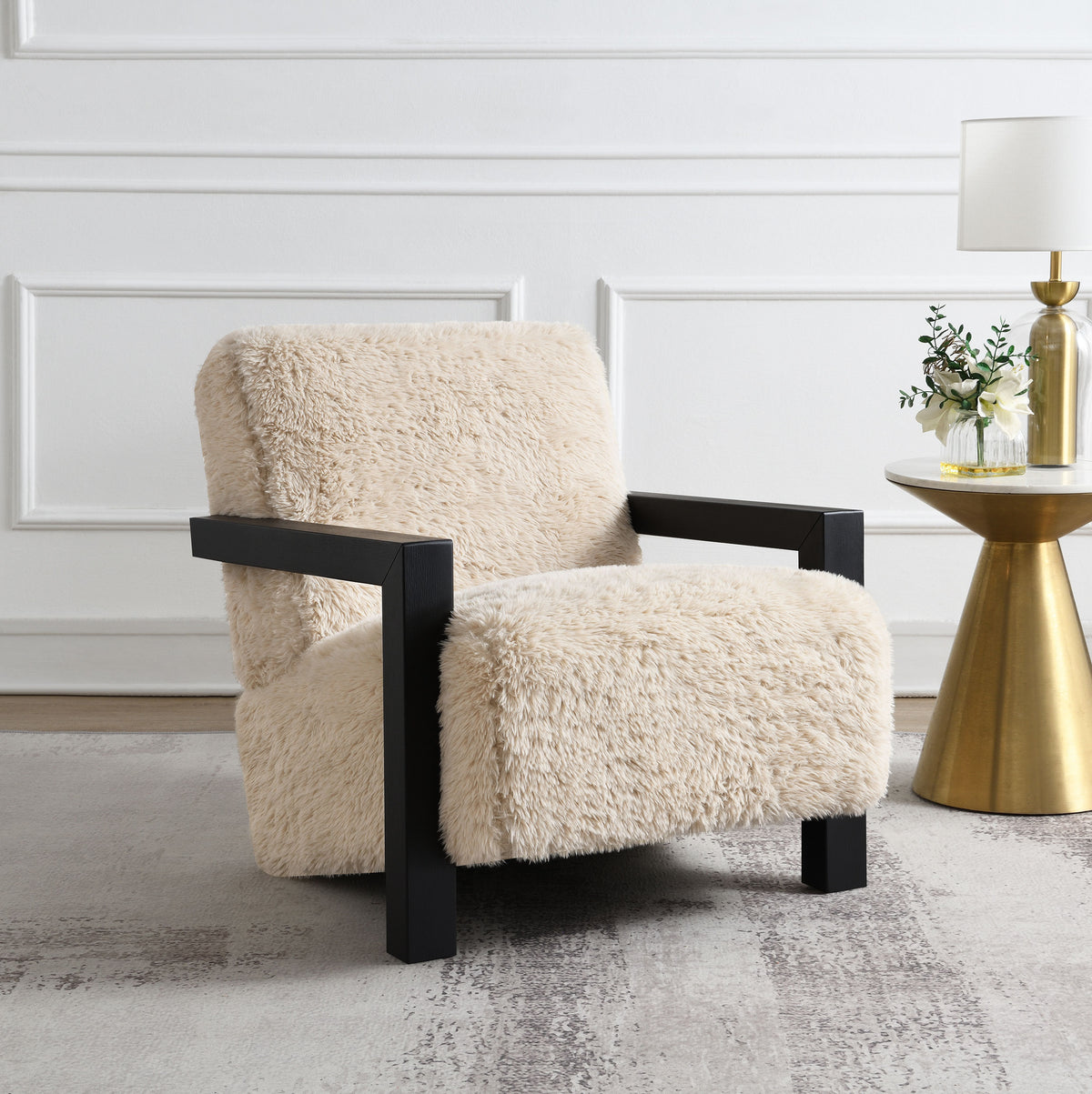 Fitzroy Faux Fur Accent Chair with Solid Wood Arms - Plush Latte Lounge Chair – view 1