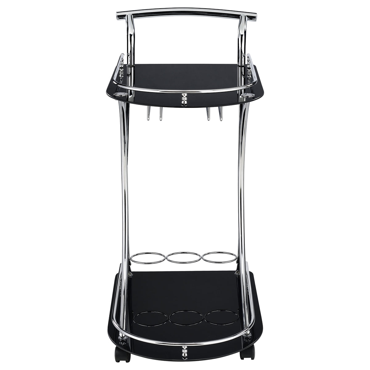 Elfman 2-Tier Bar Cart - Black Glass Shelves on Chrome Frame with Wine & Stemware Storage – view 3