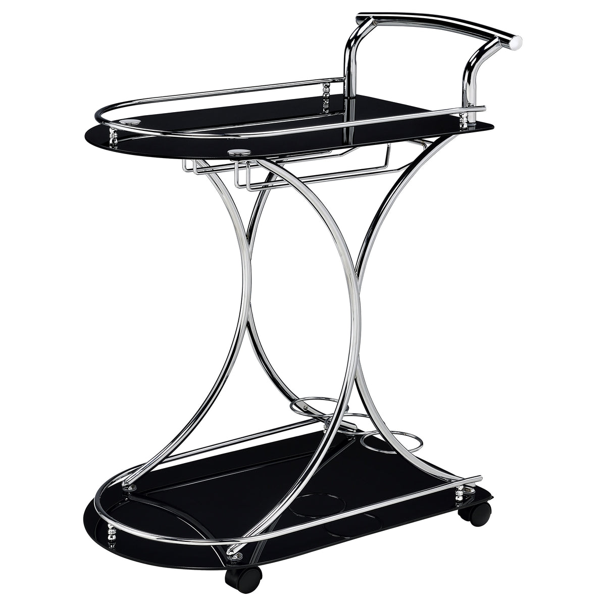Elfman 2-Tier Bar Cart - Black Glass Shelves on Chrome Frame with Wine & Stemware Storage – view 4