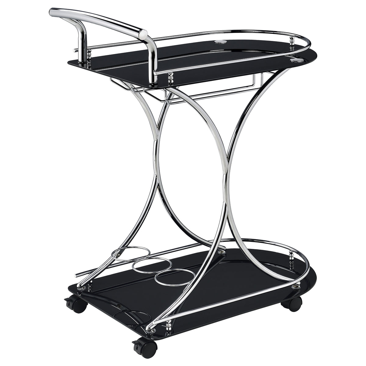 Elfman 2-Tier Bar Cart - Black Glass Shelves on Chrome Frame with Wine & Stemware Storage – view 8