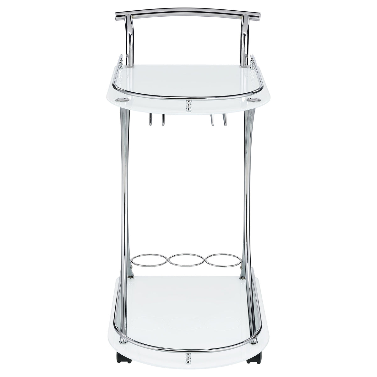 Elfman 2-Tier Bar Cart - White Glass Shelves on Curved Chrome Frame with Wine & Stemware Racks – view 3