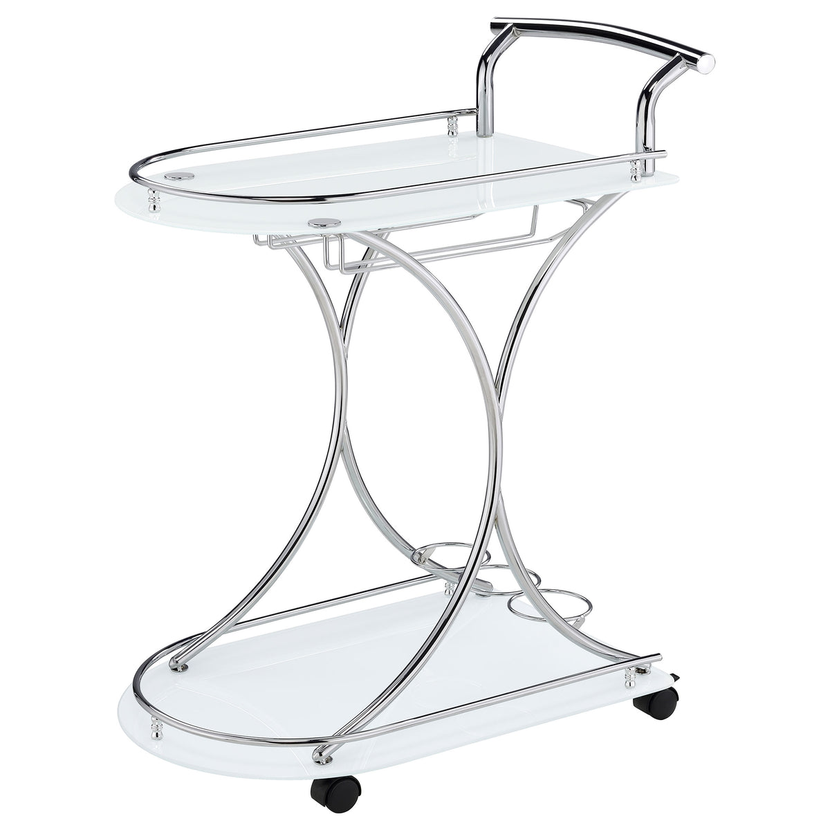 Elfman 2-Tier Bar Cart - White Glass Shelves on Curved Chrome Frame with Wine & Stemware Racks – view 4