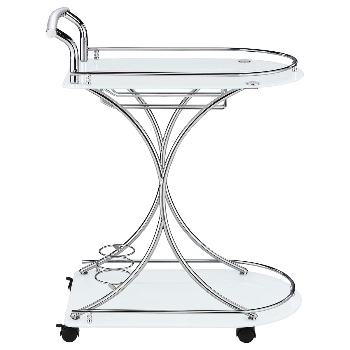 Elfman 2-Tier Bar Cart - White Glass Shelves on Curved Chrome Frame with Wine & Stemware Racks – view 9