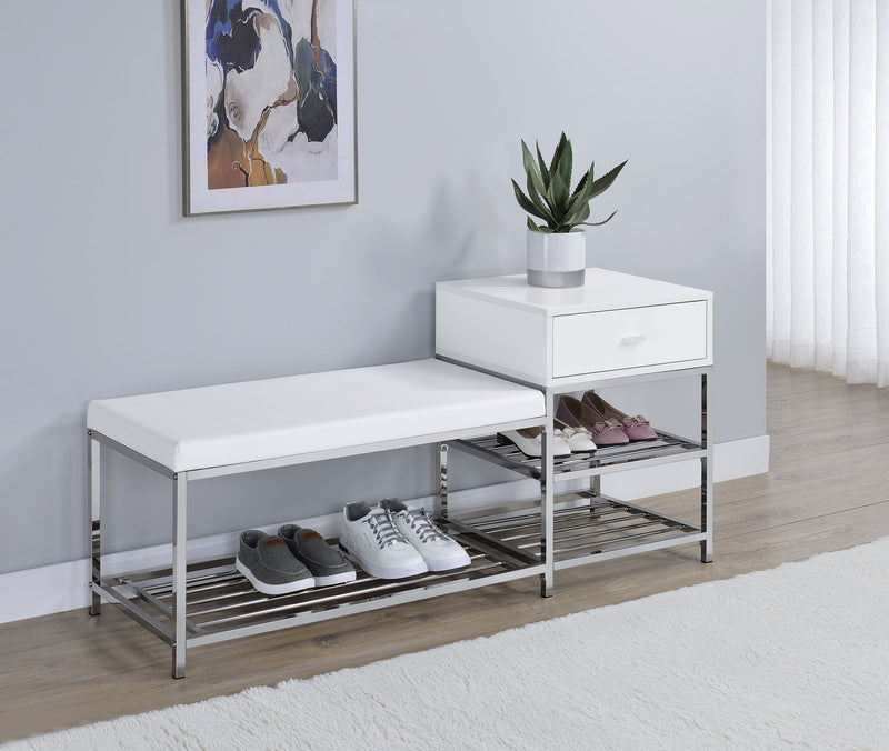 Siega Shoe Storage Entryway Bench - 1 Drawer & Leatherette Seat in White High Gloss with Chrome