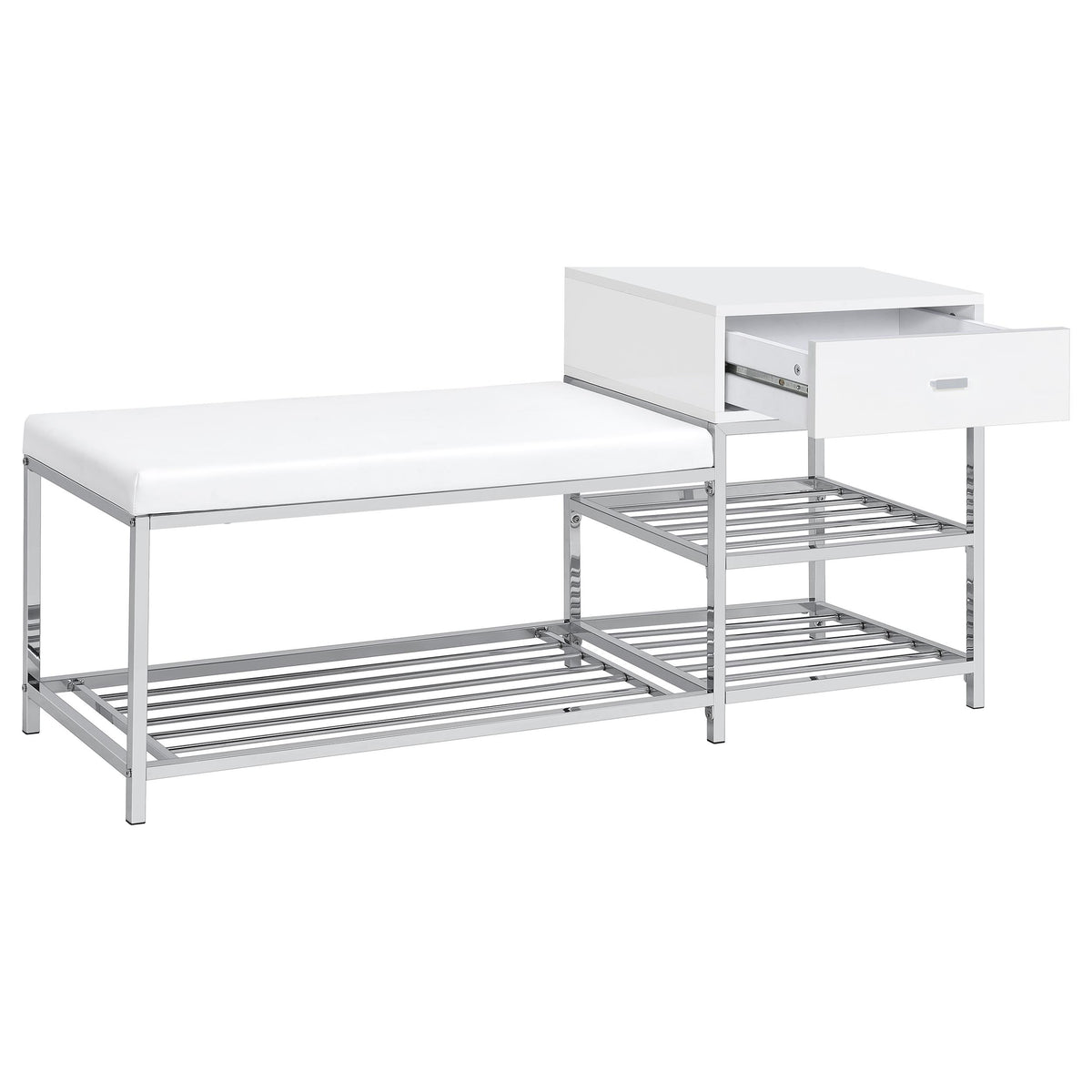 Siega Shoe Storage Entryway Bench - 1 Drawer & Leatherette Seat in White High Gloss with Chrome – view 3