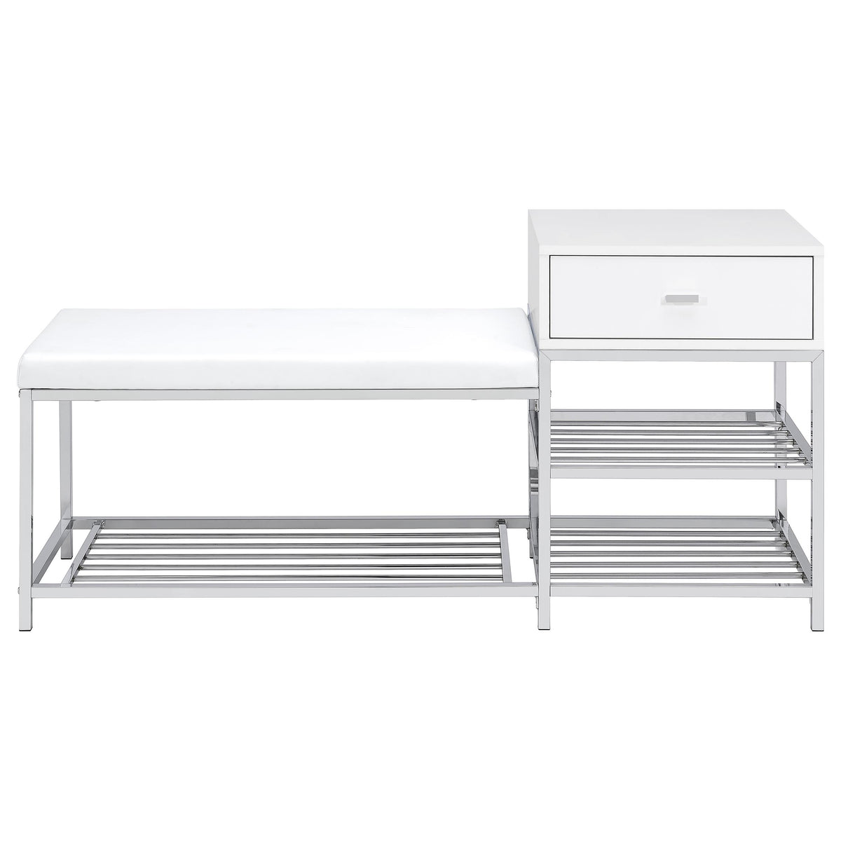 Siega Shoe Storage Entryway Bench - 1 Drawer & Leatherette Seat in White High Gloss with Chrome – view 4
