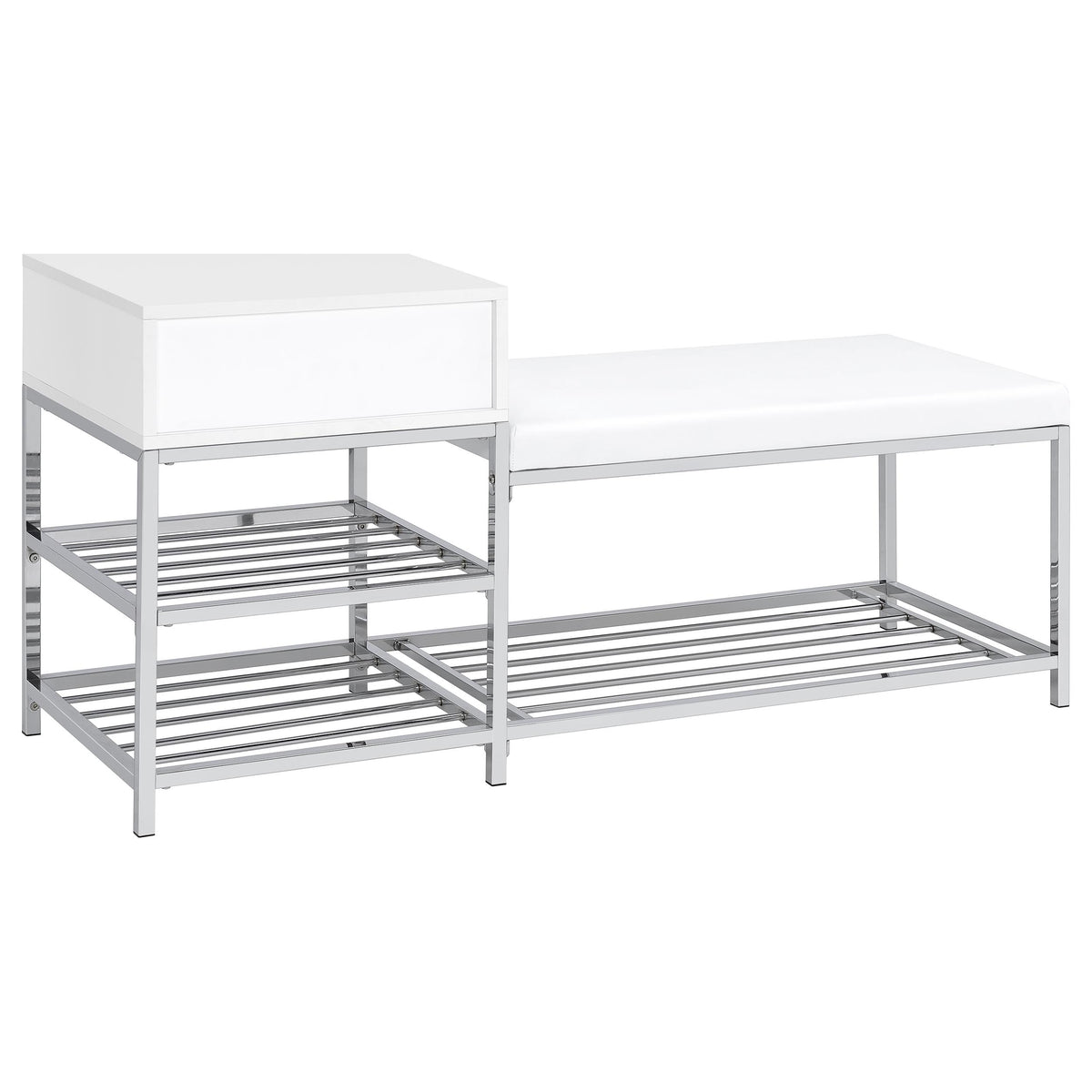 Siega Shoe Storage Entryway Bench - 1 Drawer & Leatherette Seat in White High Gloss with Chrome – view 6