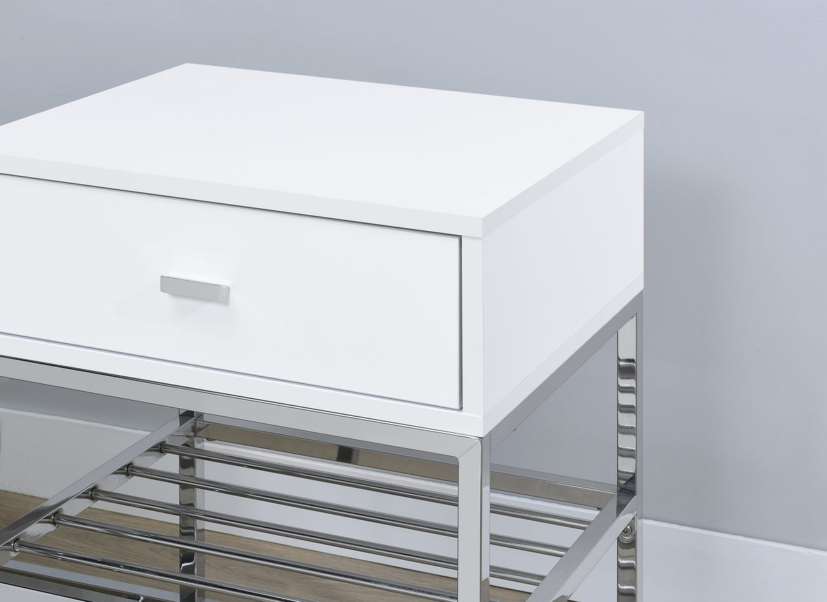 Siega Shoe Storage Entryway Bench - 1 Drawer & Leatherette Seat in White High Gloss with Chrome – view 9