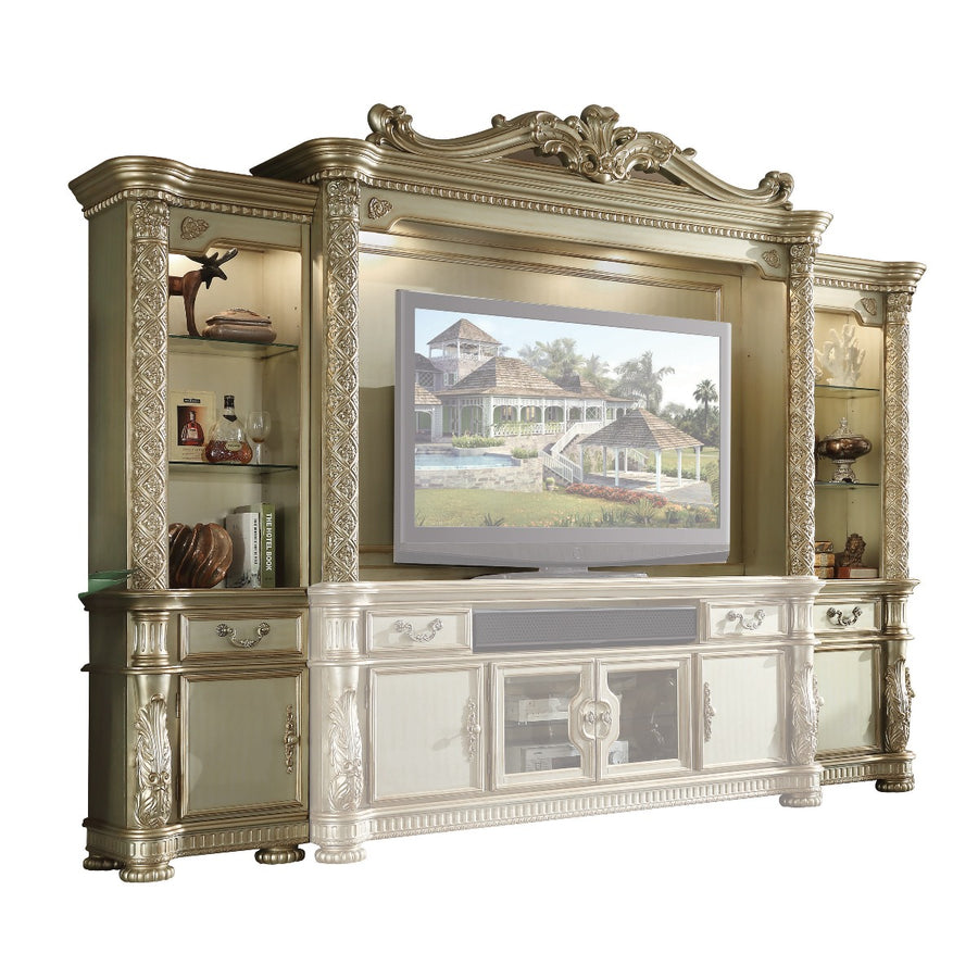 Vendome II Entertainment Center & TV Stand - Baroque Carved Detail & Touch Light in Gold Patina or Cherry