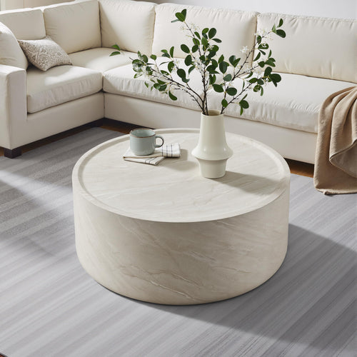 Vyn 36" Round Coffee Table Concrete Travertine Finish, Modern Organic Drum Center Table in Cloud