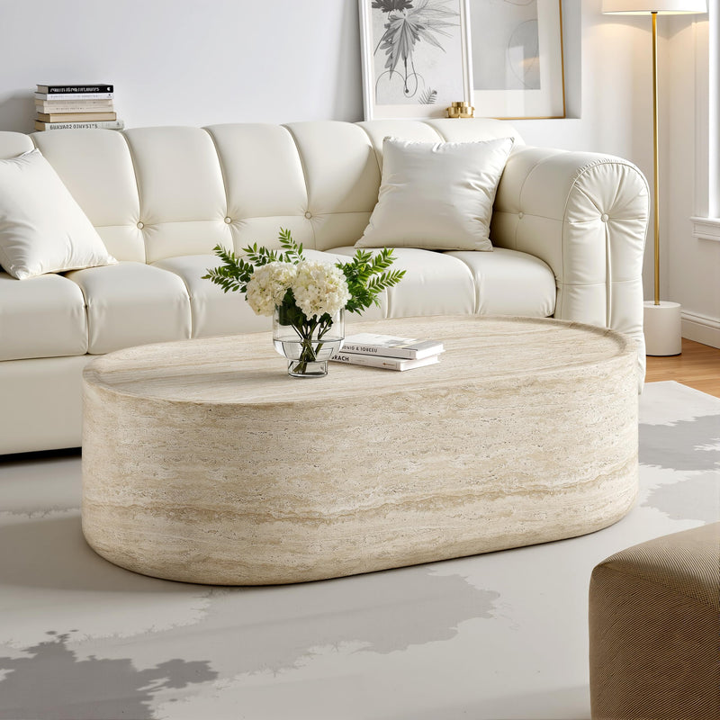 Vyn 52" Oval Coffee Table Concrete Travertine Finish, Modern Organic Large Drum Center Table in Sand
