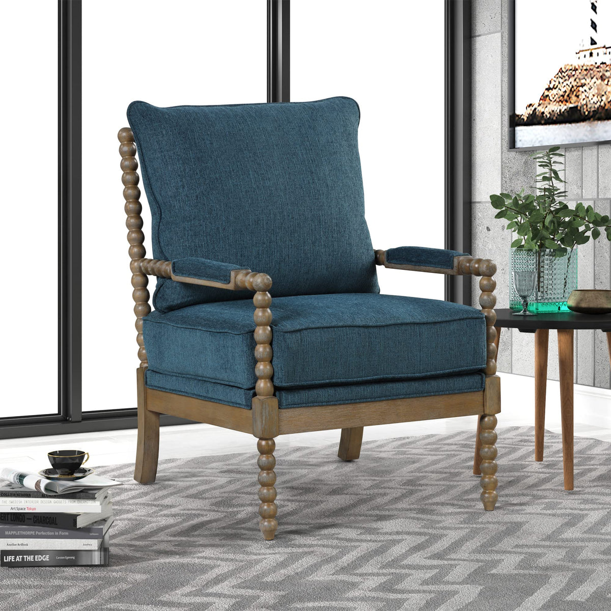 Hanako Accent Chair in Blue And Natural Oak - front view