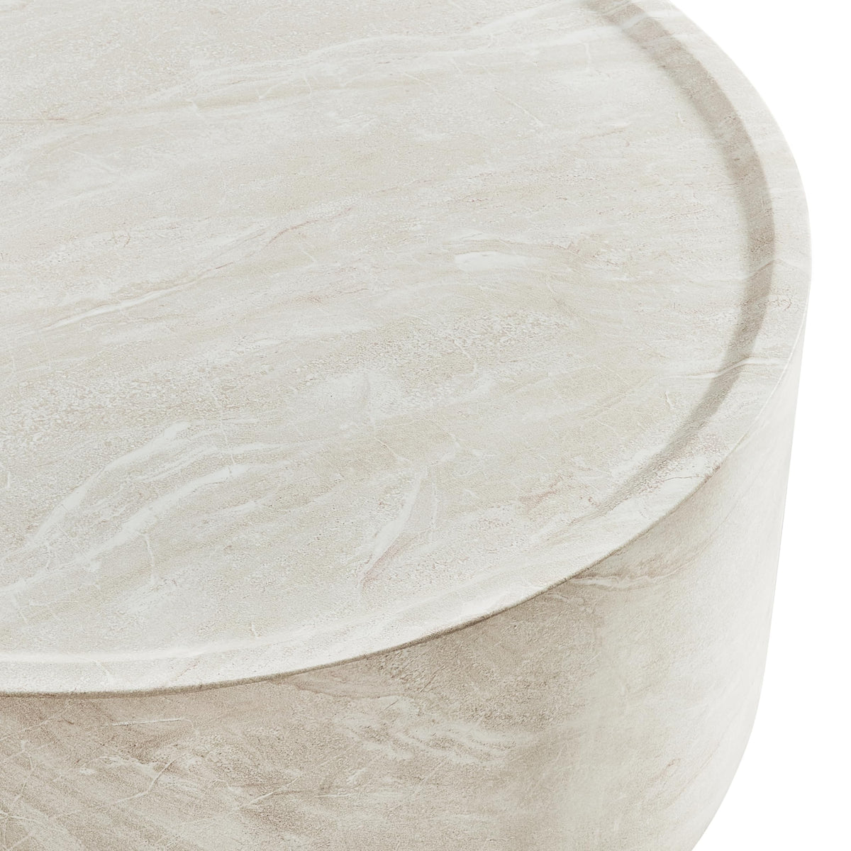 Vyn 36" Round Coffee Table Concrete Travertine Finish, Modern Organic Drum Center Table in Cloud - room setting