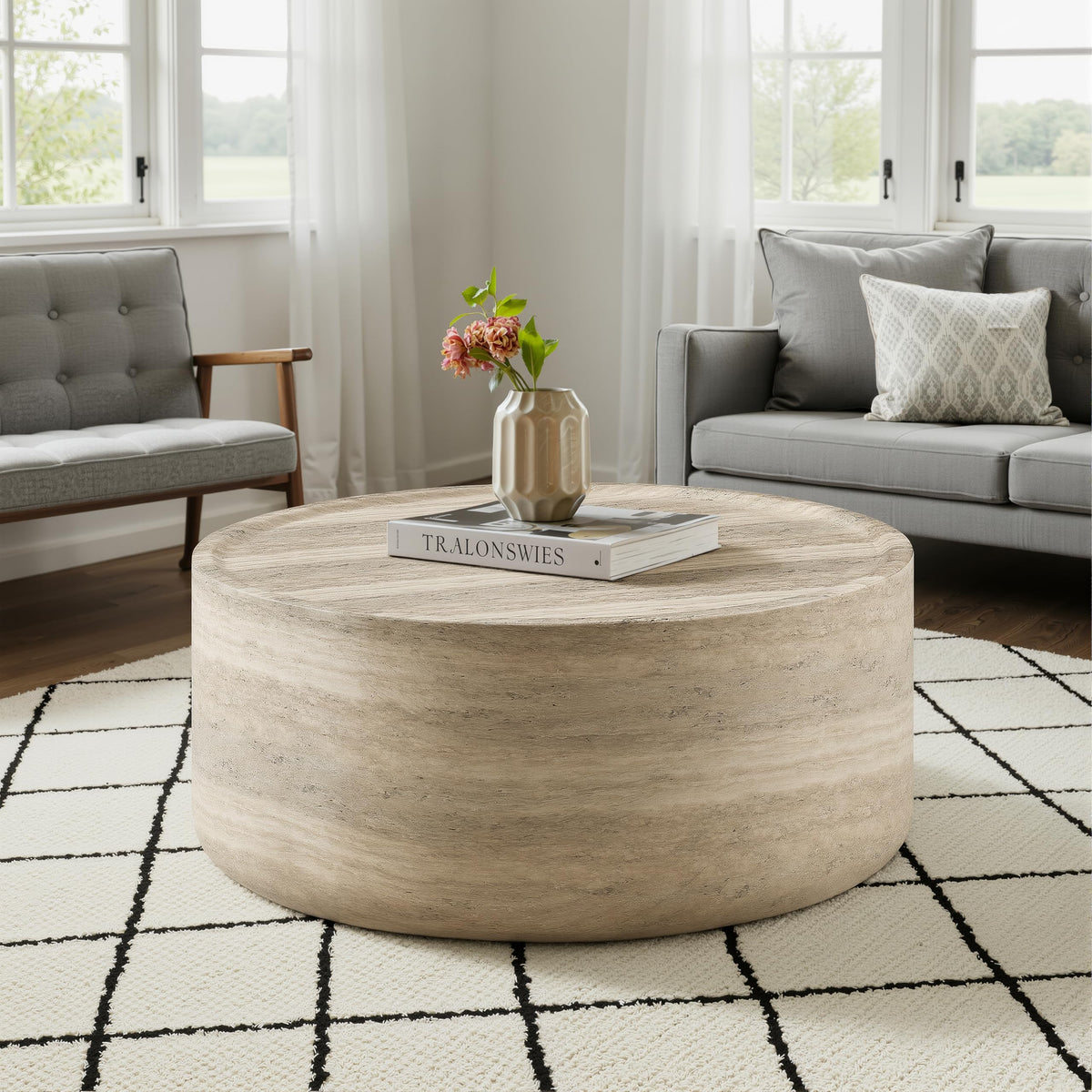Vyn 36" Round Modern Concrete Travertine Finish Coffee Table - front view
