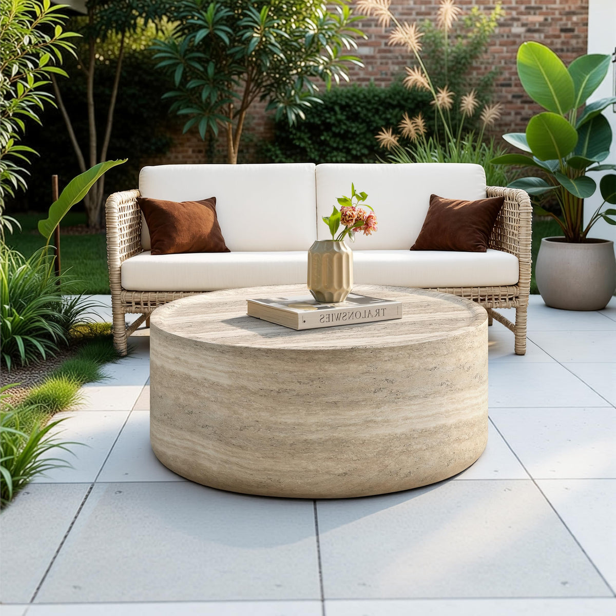 Vyn 36" Round Modern Concrete Travertine Finish Coffee Table - detail view