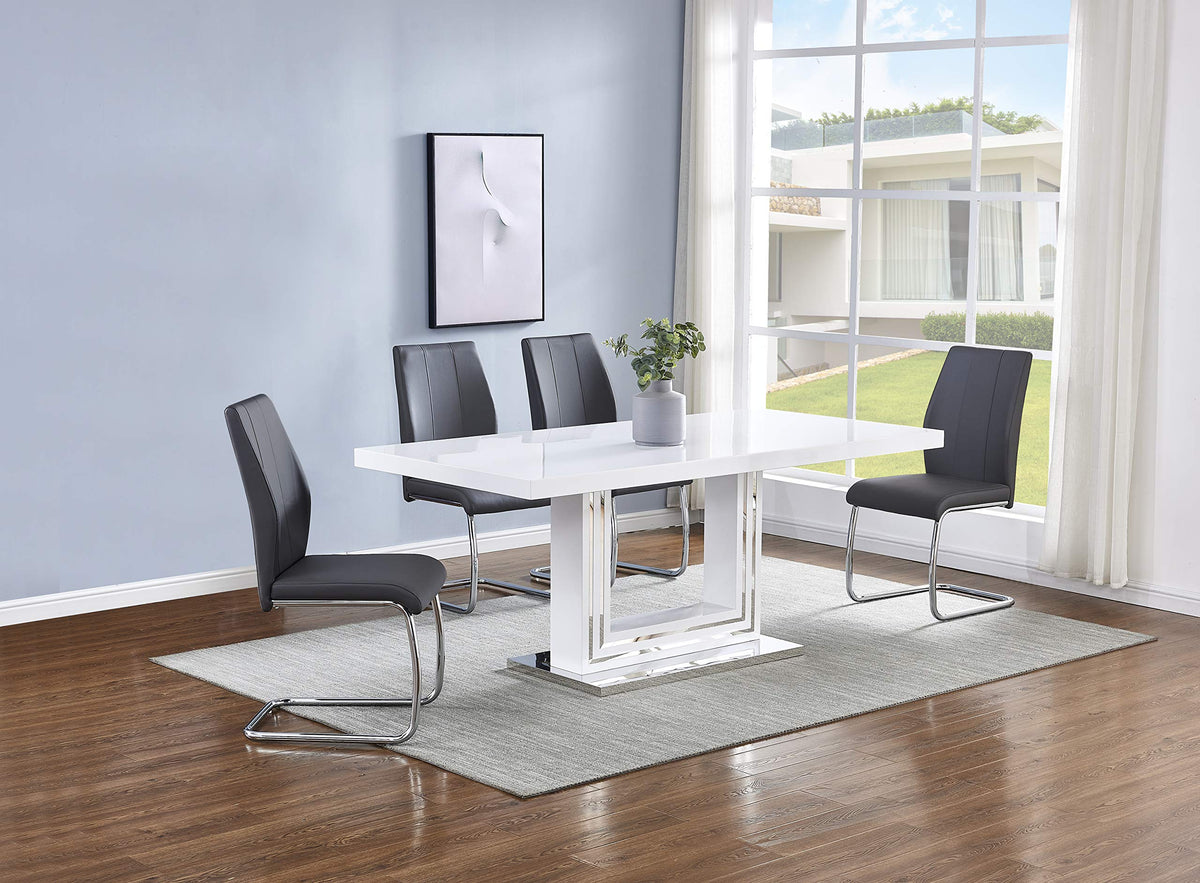 Barton 5-Piece Dining Set with White High-Gloss Lacquer Rectangle Table, Single Pedestal Base with Chrome Bottom Plate…
