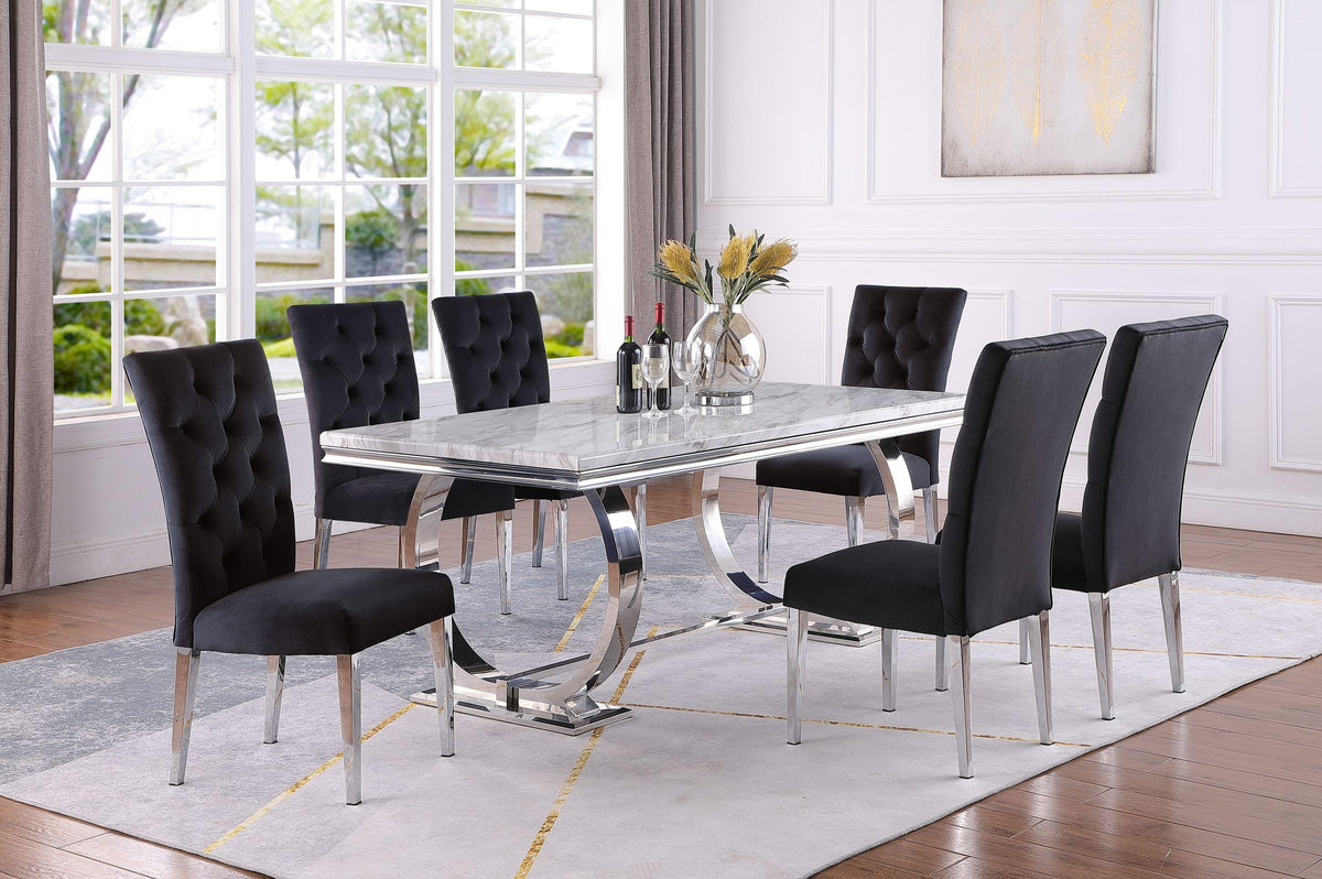 Lexington 7-Piece Rectangle Dining Set with 6 Velvet Upholstered Chairs, Modern Contemporary Design in Black/Silver