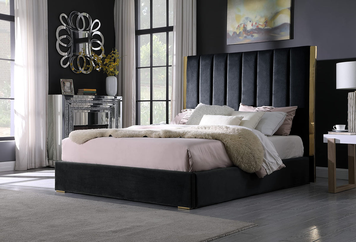 Jalen Modern Velvet Upholstered Platform Bed Frame, California King, Glam Contemporary Design (Black - front view