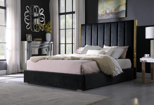 Jalen Modern Velvet Upholstered Platform Bed Frame, Queen, Glam Contemporary Design (Black