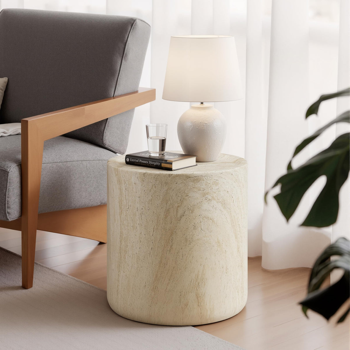Vyn 18" Round End Table Concrete Travertine Finish, Modern Organic Drum Side Table in Sand - front view