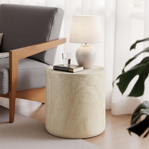 Vyn 18" Round End Table Concrete Travertine Finish, Modern Organic Drum Side Table in Sand
