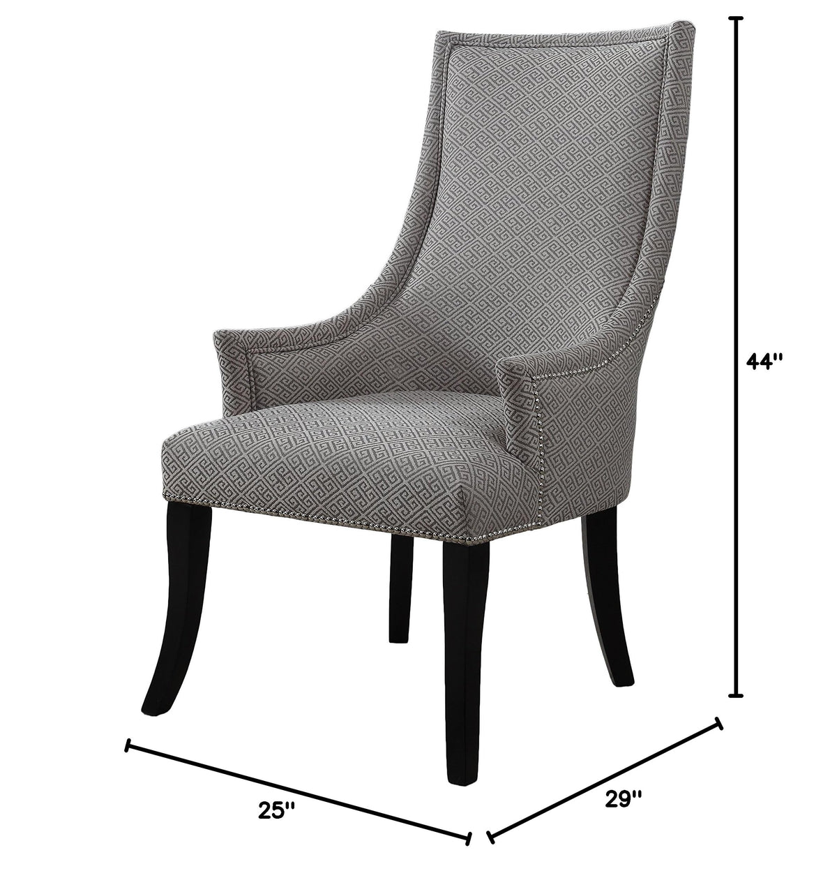 Audrey Greek Key Fabric Accent Chair in Grey - room setting