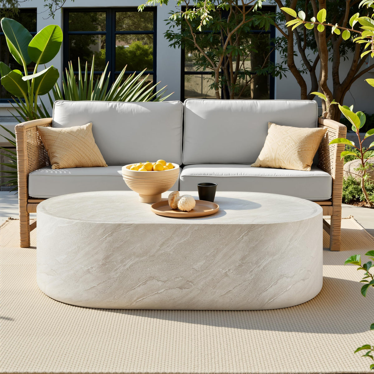 Vyn 52" Oval Coffee Table Concrete Travertine Finish, Modern Organic Large Drum Center Table in… - detail view
