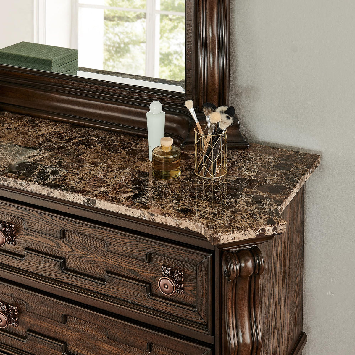 ssembled Intricate Wood Carvings Scroll Feet Master Bedroom Storage Cabinet in Dark Cherry - detail view