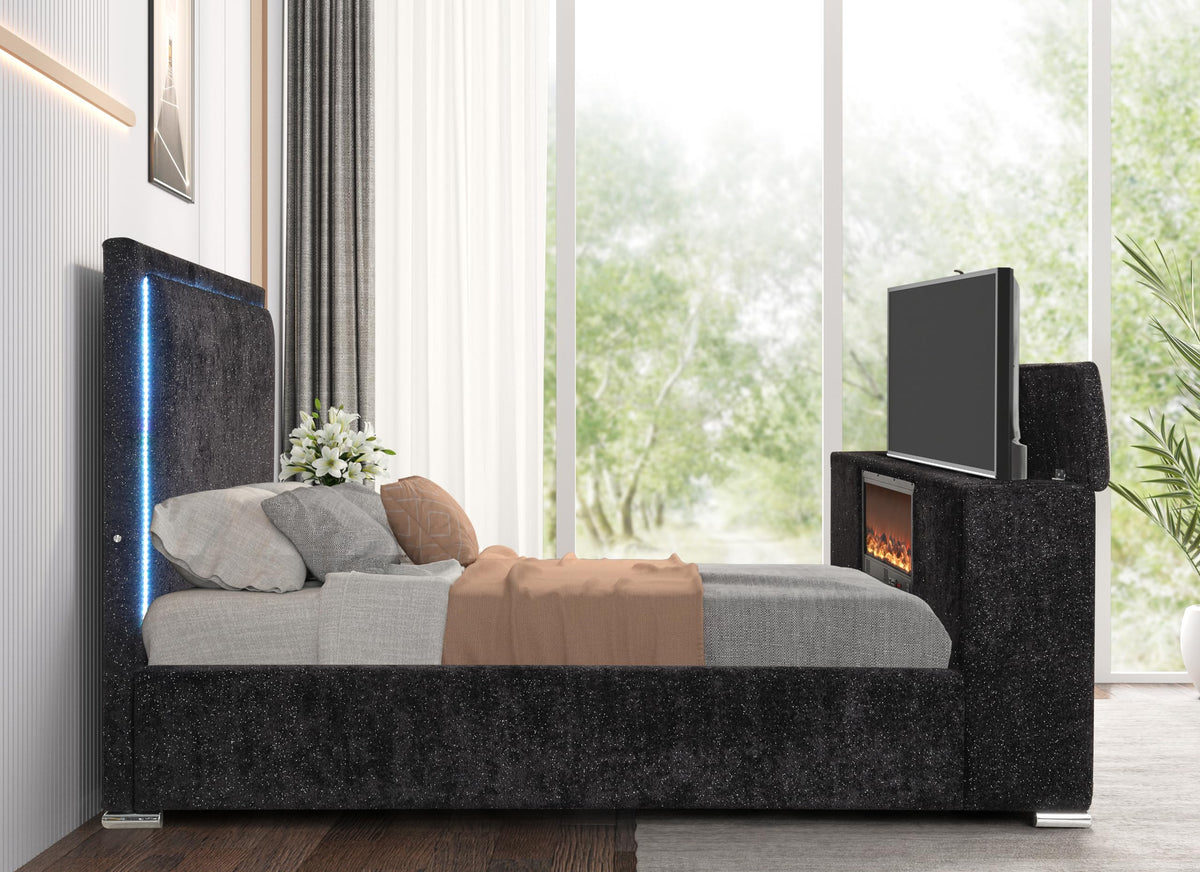 Yureya Upholstered Modern Platform Bed Frame with Hidden TV Lift Storage, King, Fireplace Light… - detail view
