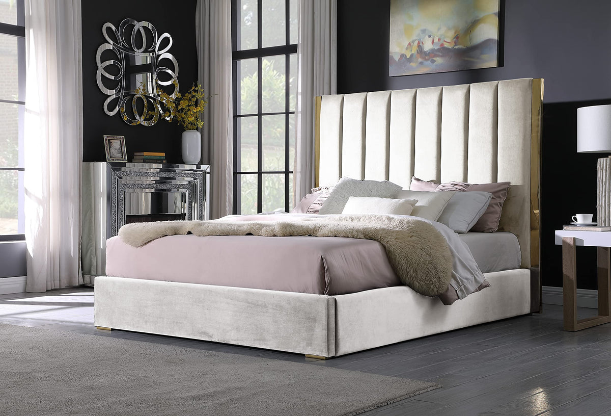 Jalen Modern Velvet Upholstered Platform Bed Frame, King, Glam Contemporary Design (Beige - front view