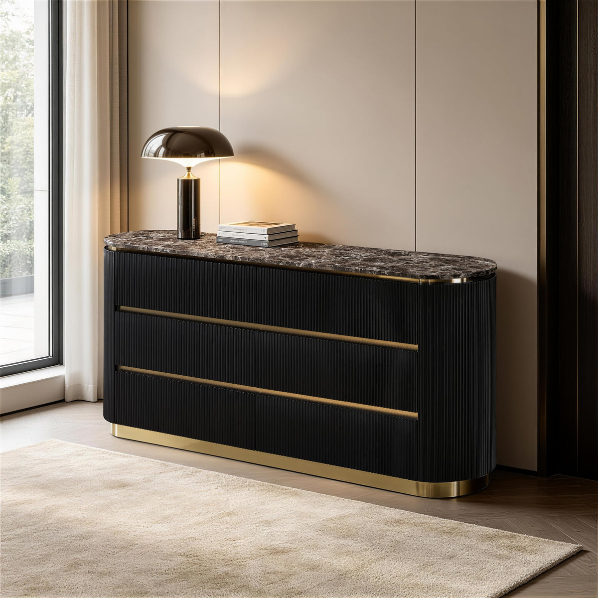 Trandell 65" Wide Modern Glam Faux Marble Top 6-Drawer Dresser - front view - Black