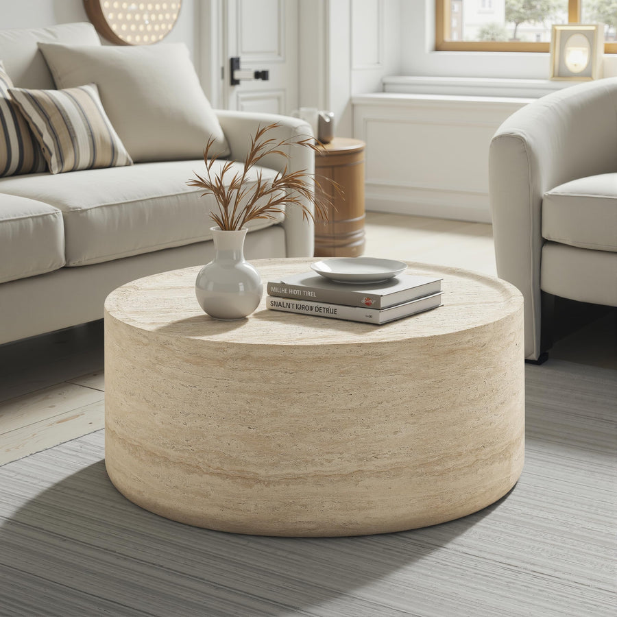 Vyn 36" Round Coffee Table Concrete Travertine Finish, Modern Organic Drum Center Table in Sand
