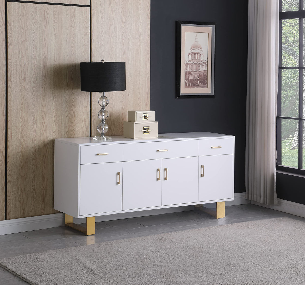 Tyrion White Lacquer Sideboard with Gold Accents