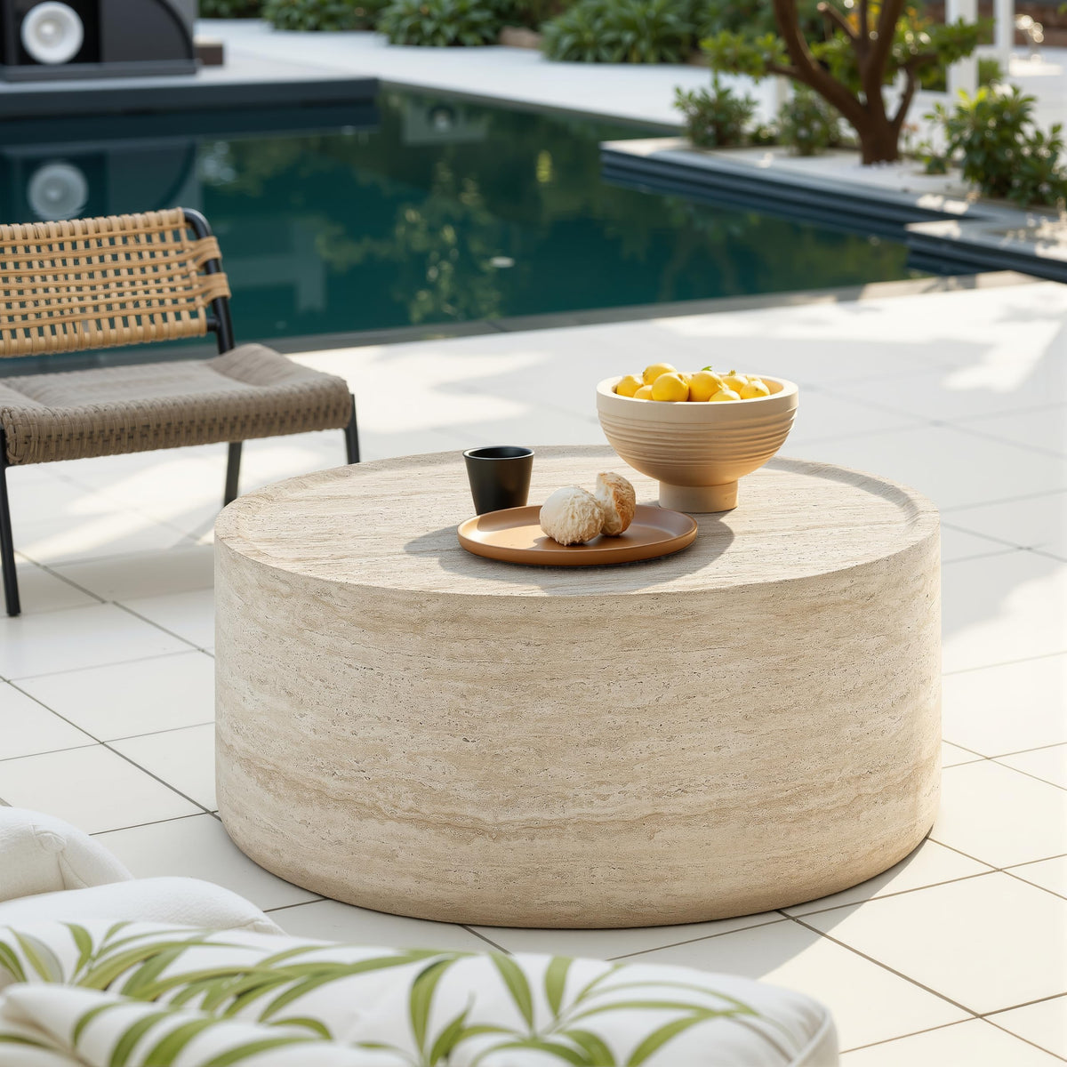 Vyn 36" Round Coffee Table Concrete Travertine Finish, Modern Organic Drum Center Table in Sand - detail view