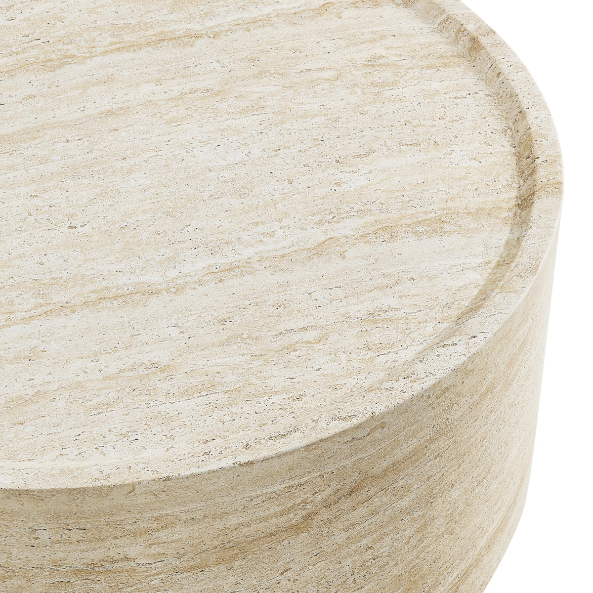 Vyn 36" Round Coffee Table Concrete Travertine Finish, Modern Organic Drum Center Table in Sand - room setting