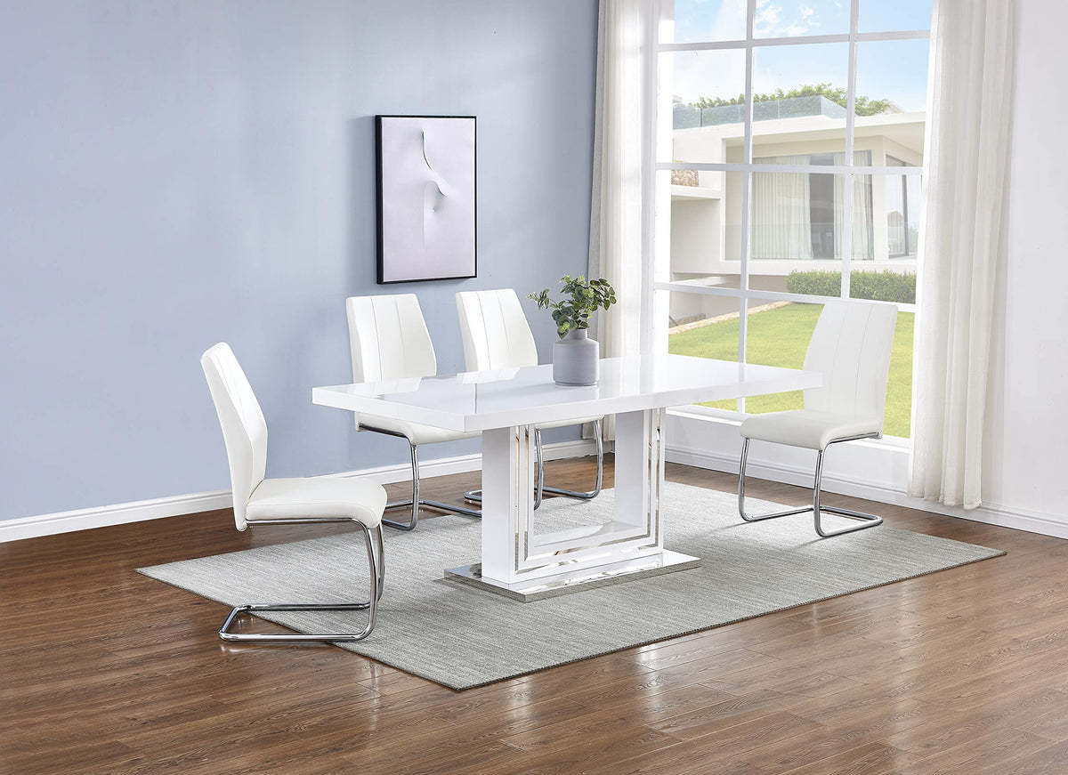 Barton 5-Piece Dining Set with White High-Gloss Lacquer Rectangle Table, Single Pedestal Base with Chrome Bottom Plate