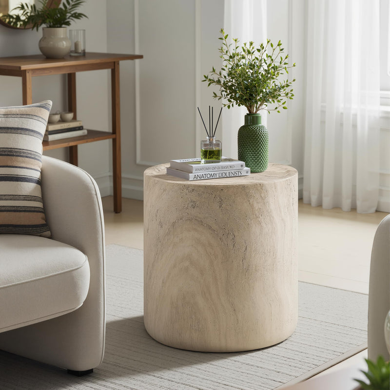 Vyn 18" Round End Table Concrete Travertine Finish, Modern Organic Drum Side Table in Cinnamon