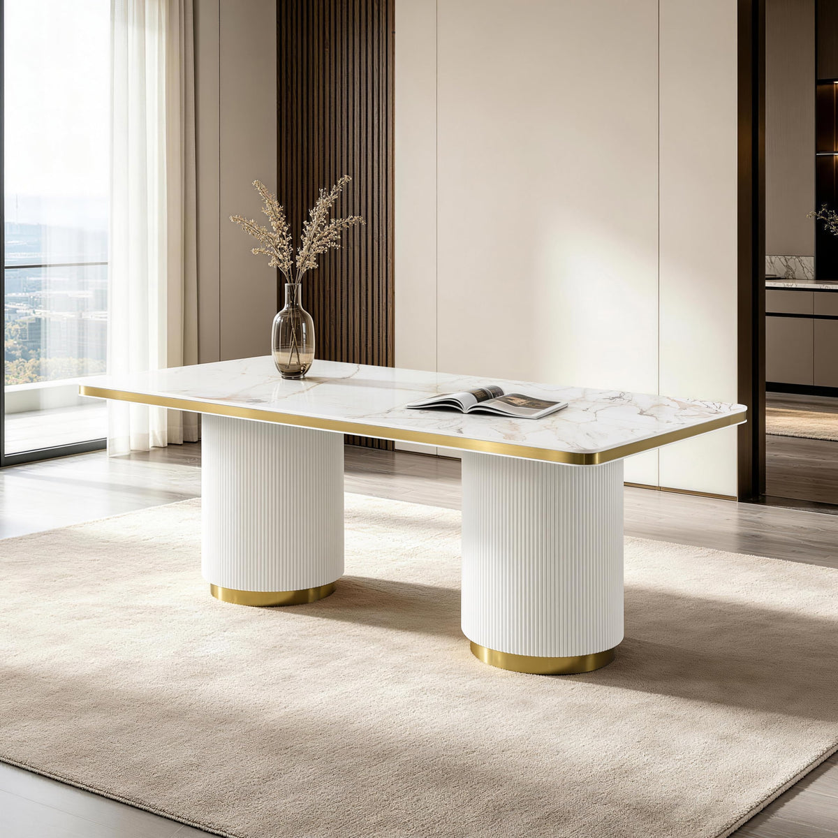 Trandell 79" Modern Glam Rectangle Faux Marble Top Dining Table - front view