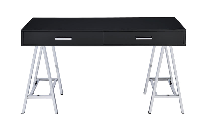 Coleen Home Office Collection - High Gloss Writing Desk, File Cabinet & Leaning Bookshelf with Chrome Accents