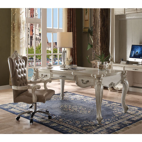 Versailles Home Office & Vanity Collection - Carved Scrollwork Desks, Lighted Hutch & Tufted Chair in Bone White, Cherry Oak or Antique Platinum
