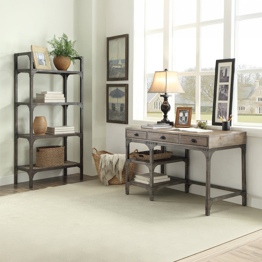Gorden Industrial Writing Desk - 3 Drawers & 2 Shelves in Weathered Oak & Antique Silver