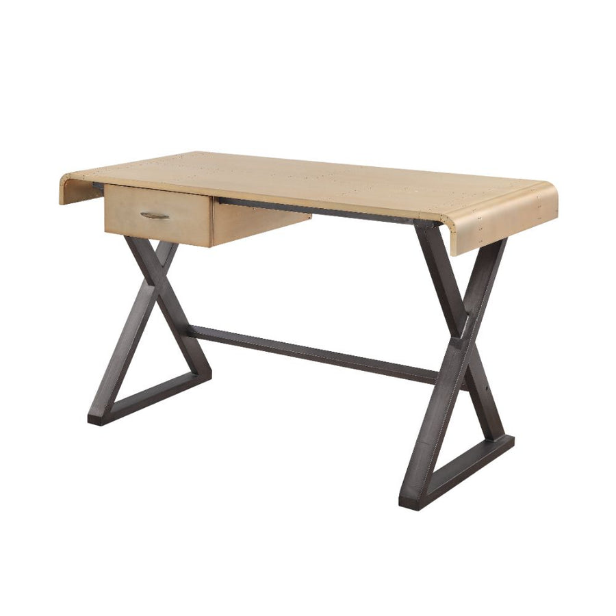 Danton Executive Writing Desk - Patchwork Gold Aluminum Top & Metal X-Base