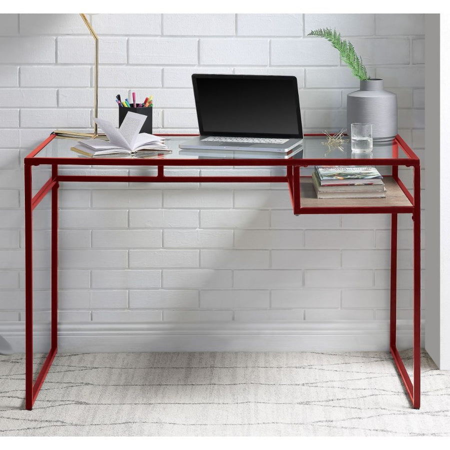 Yasin Glass Top Writing Desk - Metal Sled Base with Open Shelf in Red or Blue