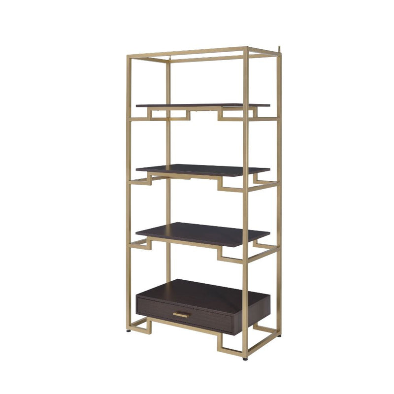 Yumia Etagere Bookshelf - Gold Metal Frame, 3 Shelves & Drawer in Walnut