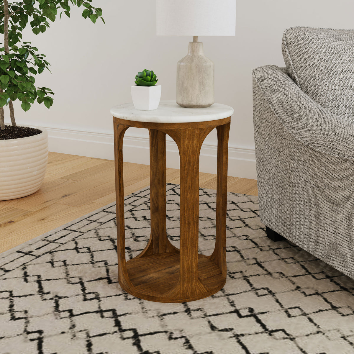 Berkeley 16" Round Marble Top Side Table - White Marble on Dark Mango Wood Base โ view 1