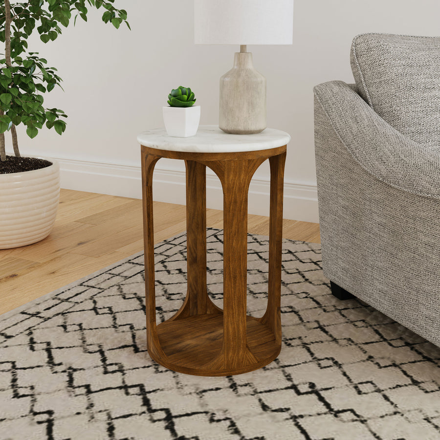 Berkeley 16" Round Marble Top Side Table - White Marble on Dark Mango Wood Base