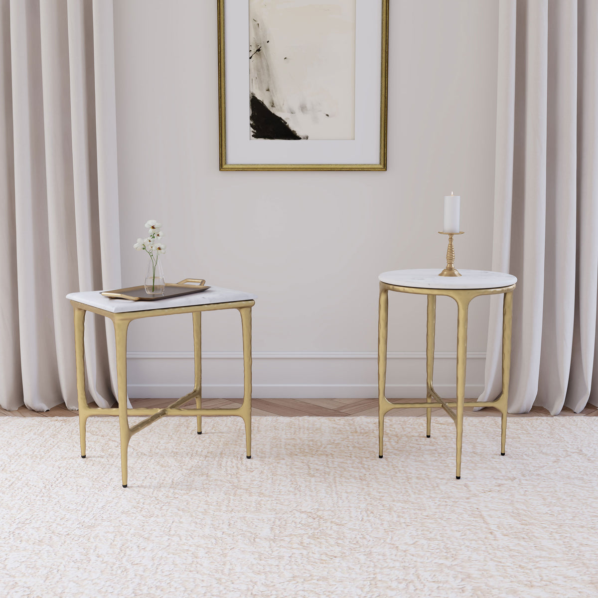Baldwin Round Marble Top Side Table - Hand-Hammered Gold Base with Genuine White Marble – view 8