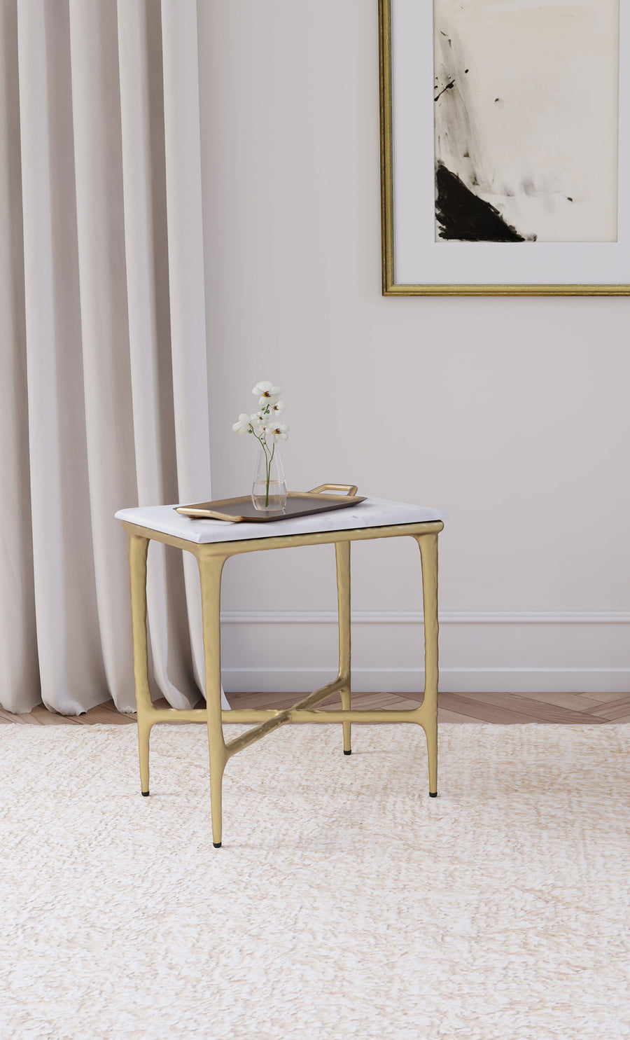 Baldwin Rectangular Marble Top Side Table - White Marble on Hand-Hammered Gold Frame