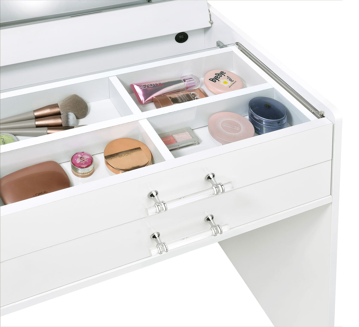Danbury Makeup Vanity & Stool Set - LED Flip-Top Mirror, USB Ports & Glass Top in White High Gloss – view 18