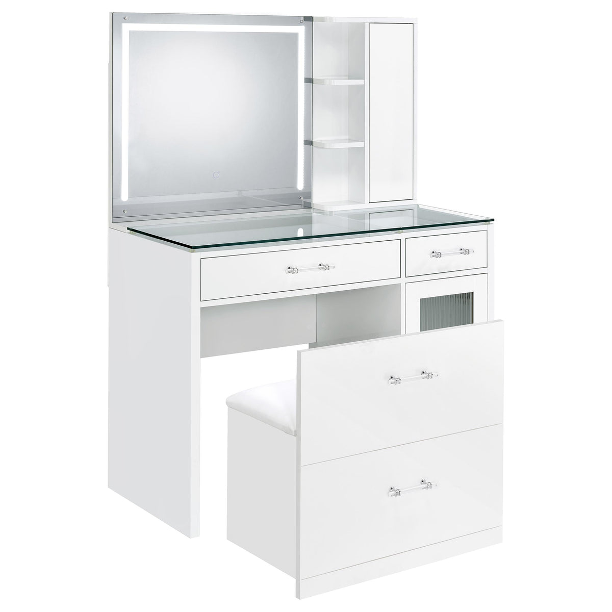 Flora Vanity Set with Touch LED Mirror & Stool - 2 Drawers, Fluted Cabinet in White High Gloss – view 5